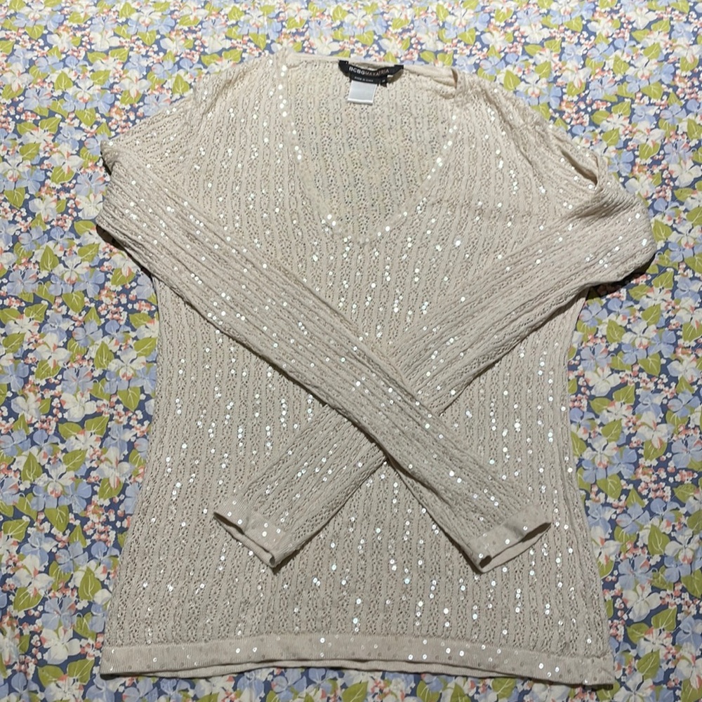 BCBGMaxazria cream sequins sweater blouse Sz M